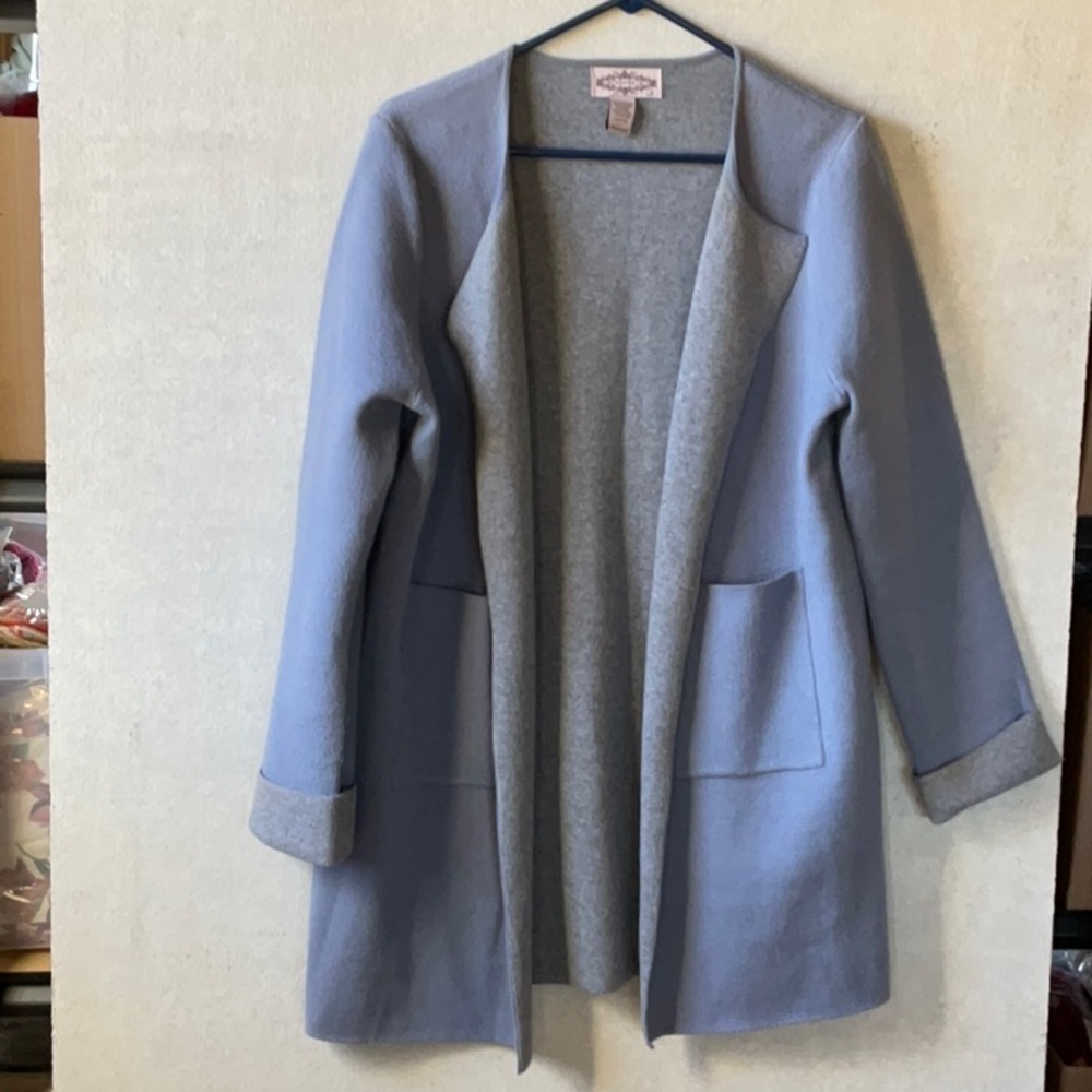 Oliver cardigan. Blue/gray. Wool-angora blend. Size L